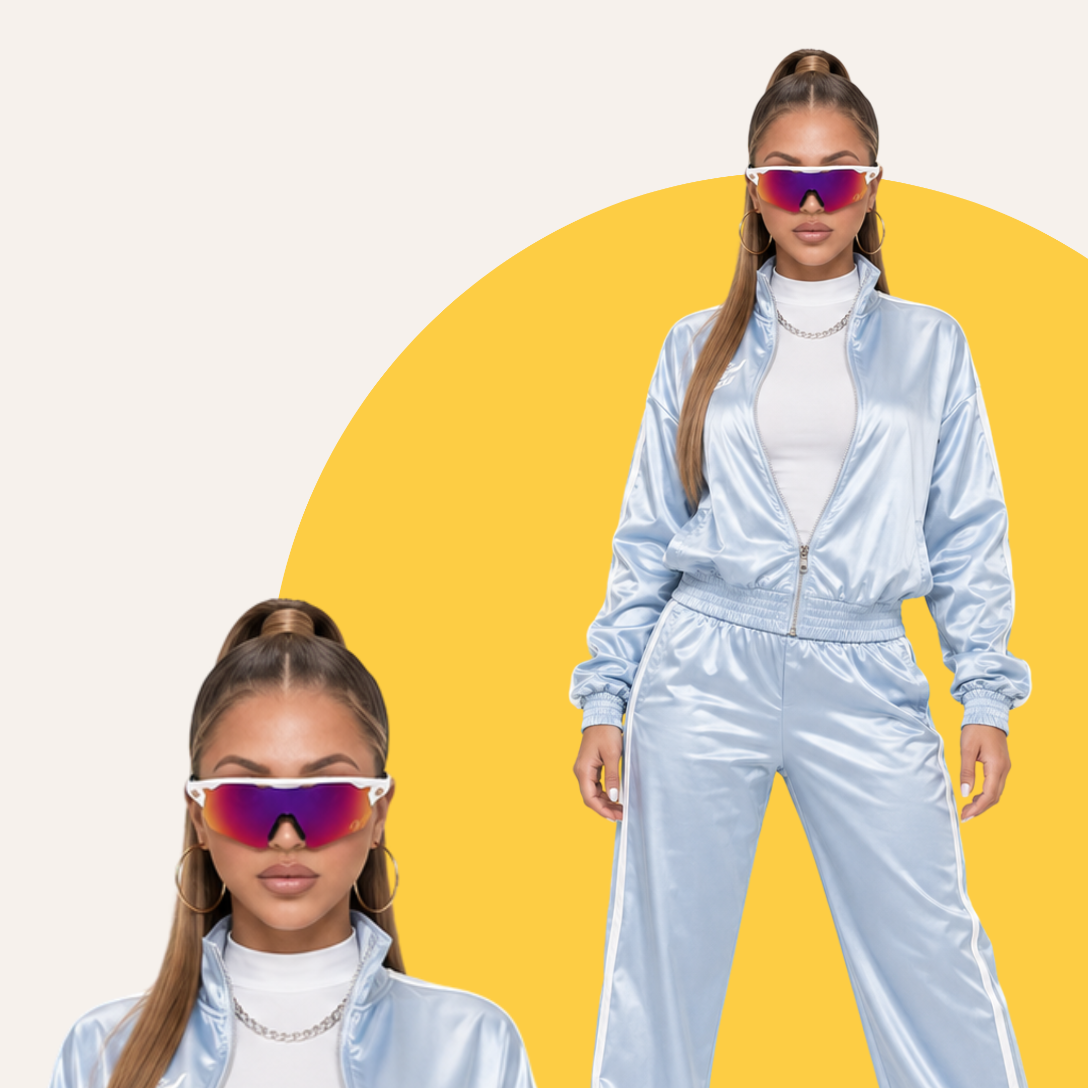 Model in an ice-blue satin tracksuit wearing Woah Vyzrz